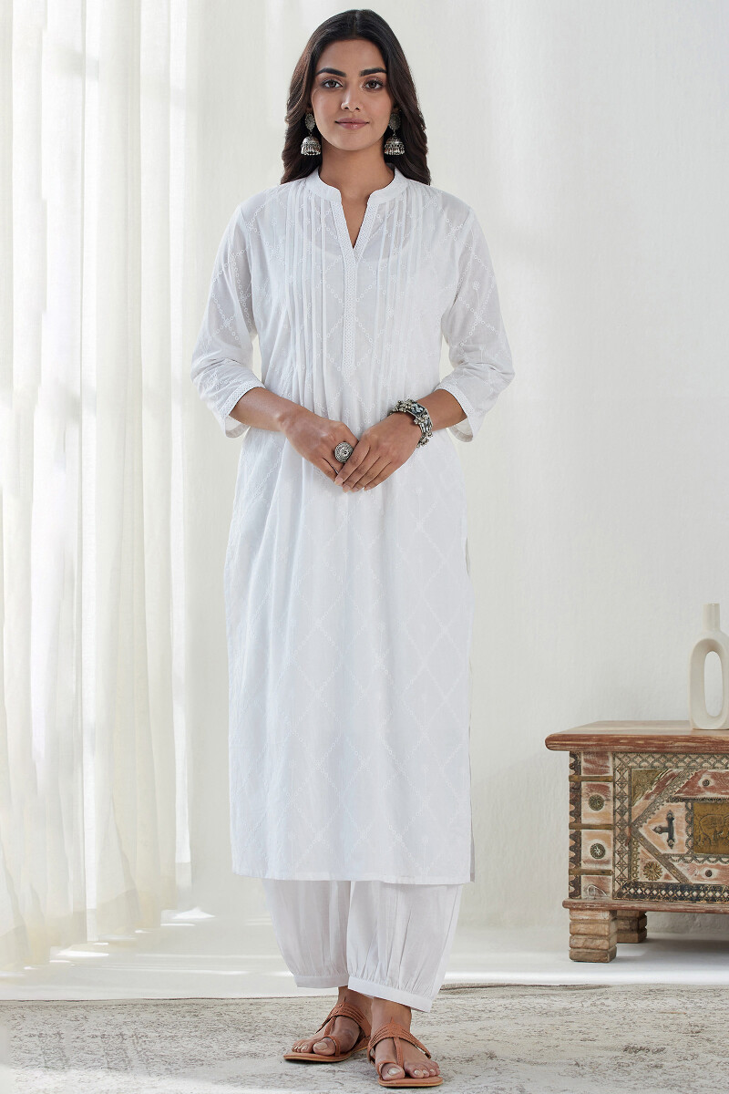 White Handcrafted Straight Cotton Kurta