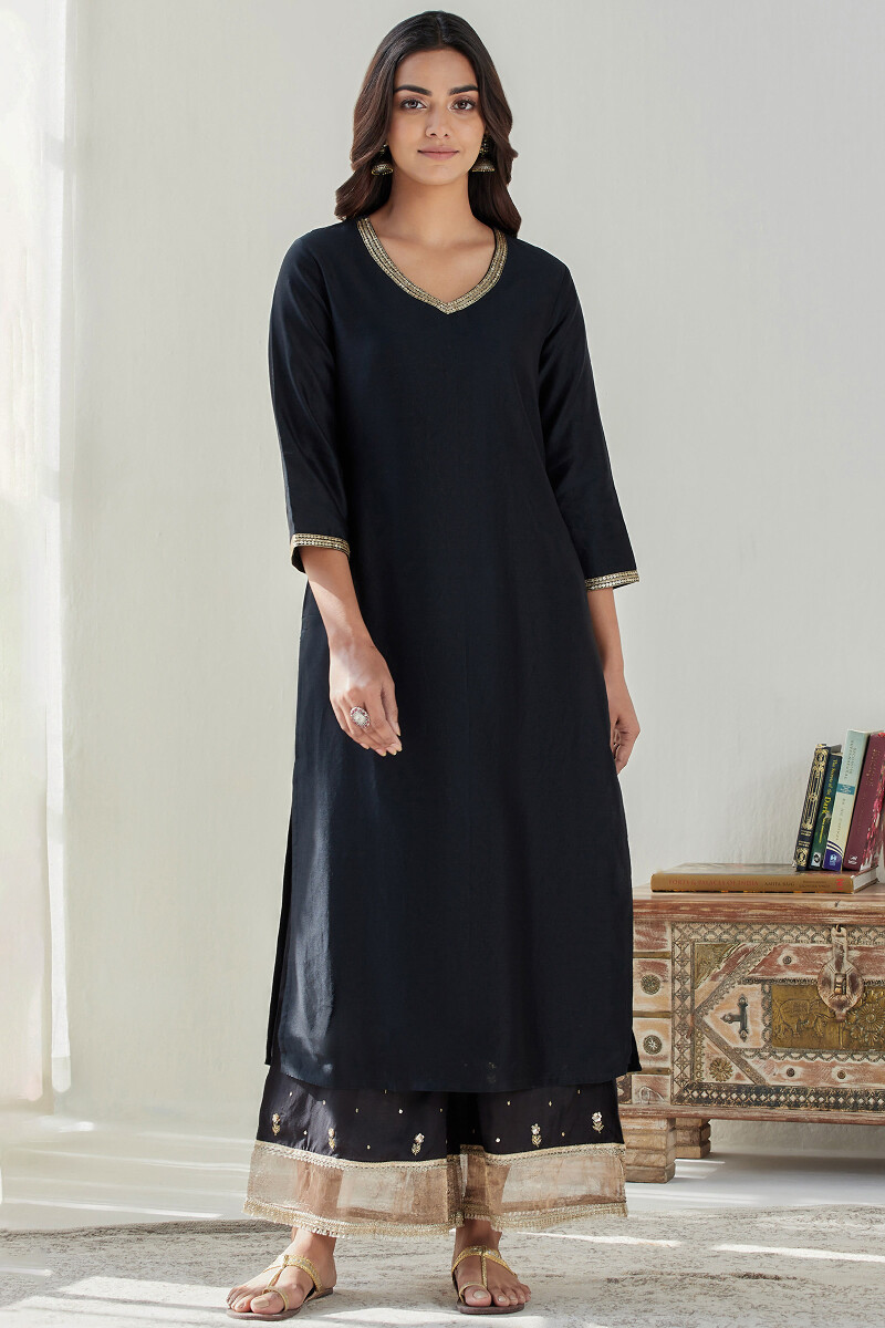 Black Handcrafted Straight Chanderi Kurta