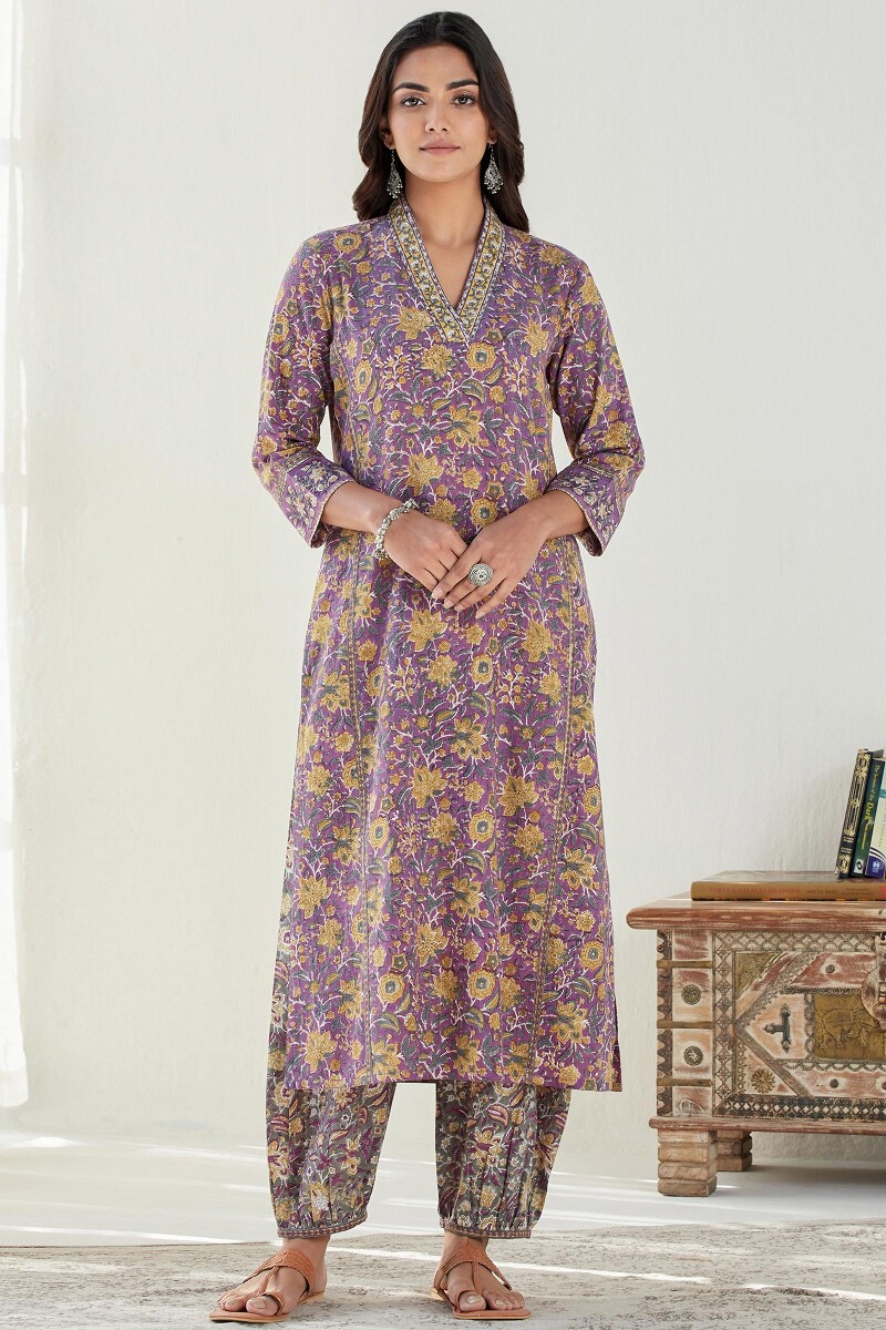 Purple Hand Block Printed Straight Cotton Slub Kurta
