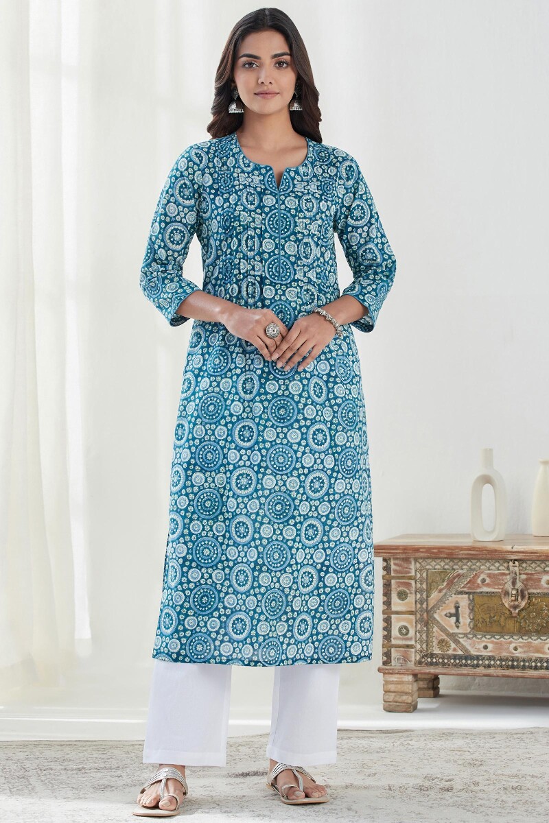 Blue Hand Block Printed Straight Cotton Kurta