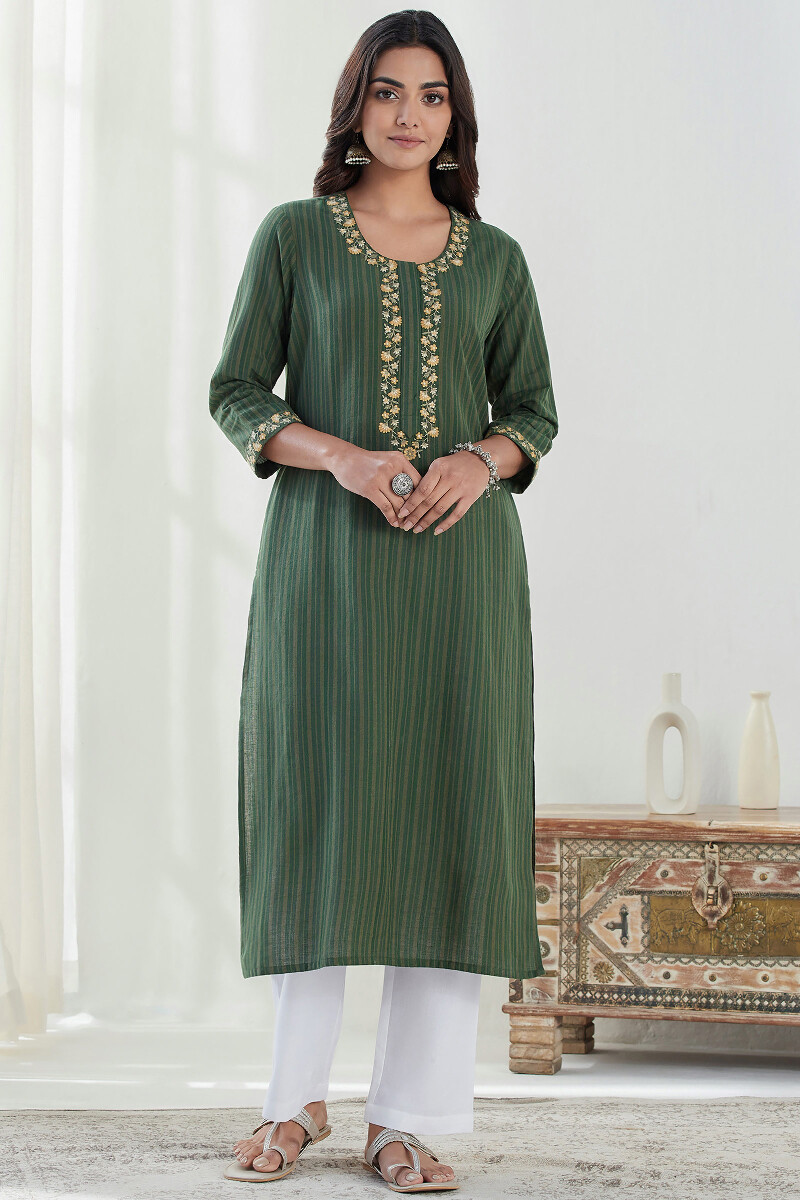 Green Handcrafted Straight Handloom Kurta