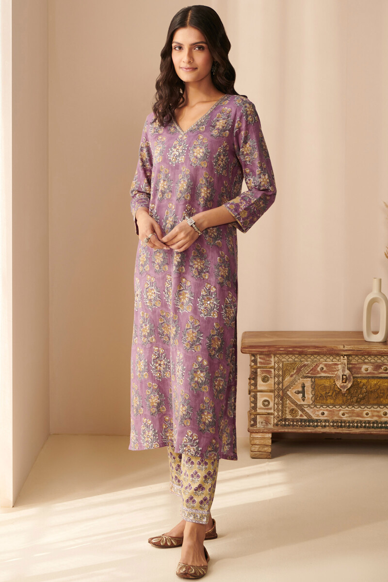 Purple Hand Block Printed Straight Cotton Slub Kurta