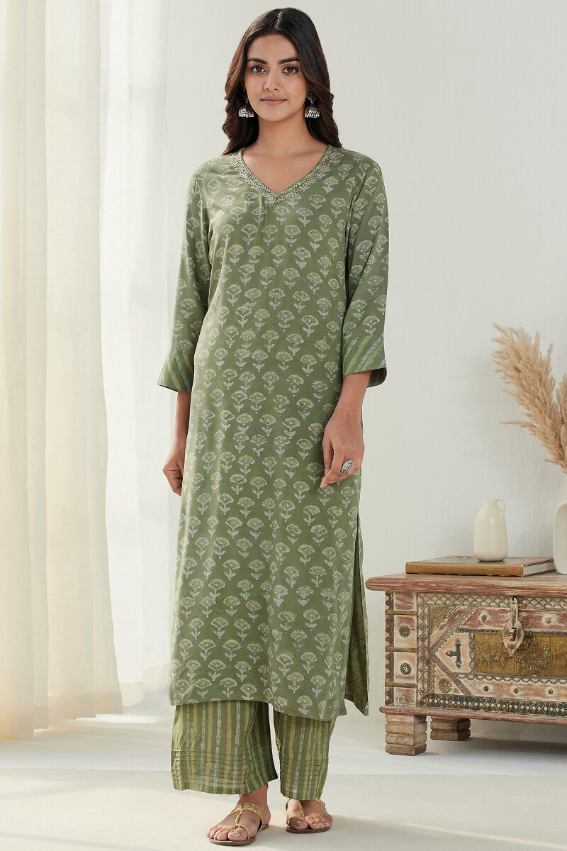 Green Hand Block Printed Straight Modal Kurta