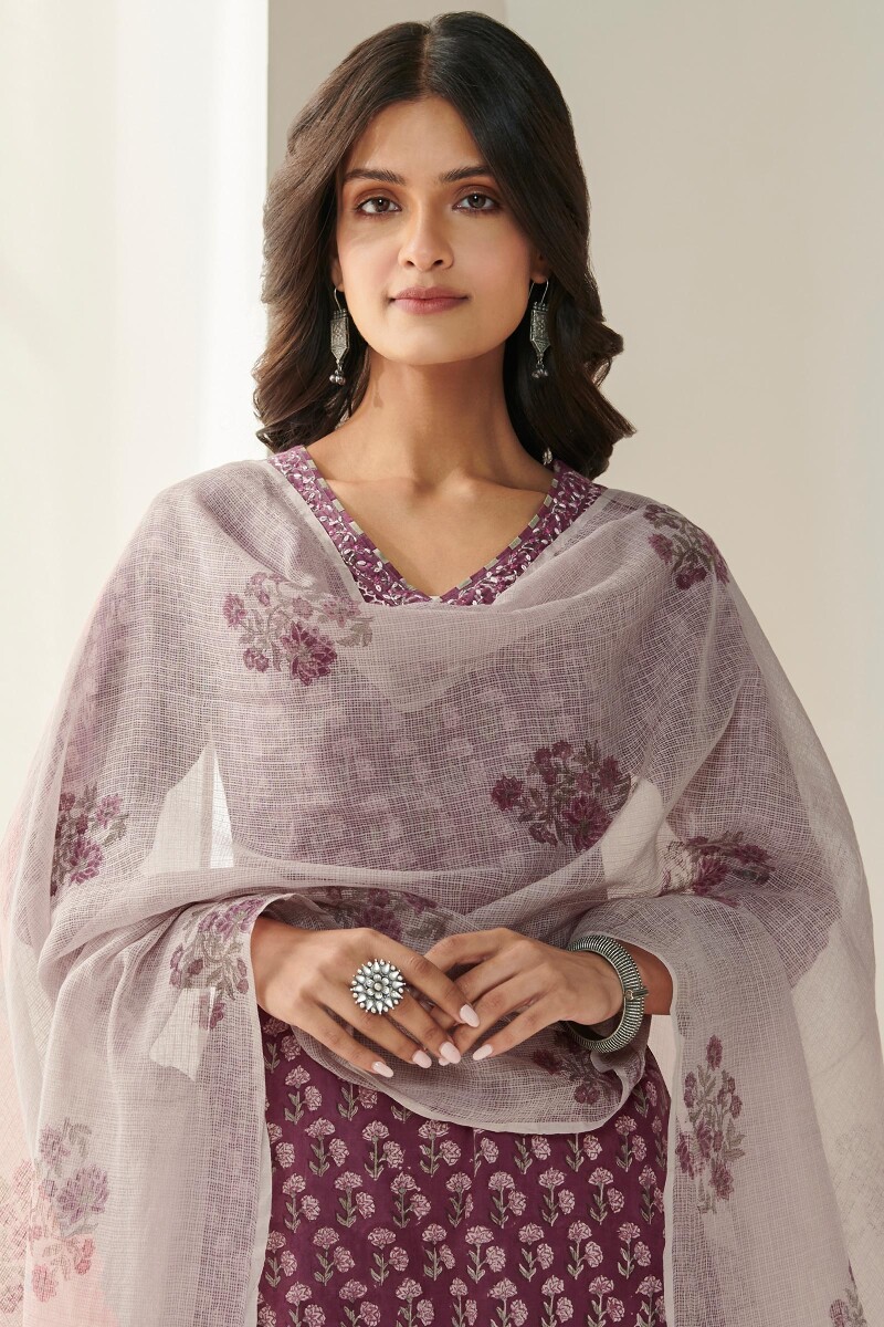 Purple Hand Block Printed Kota Dupatta