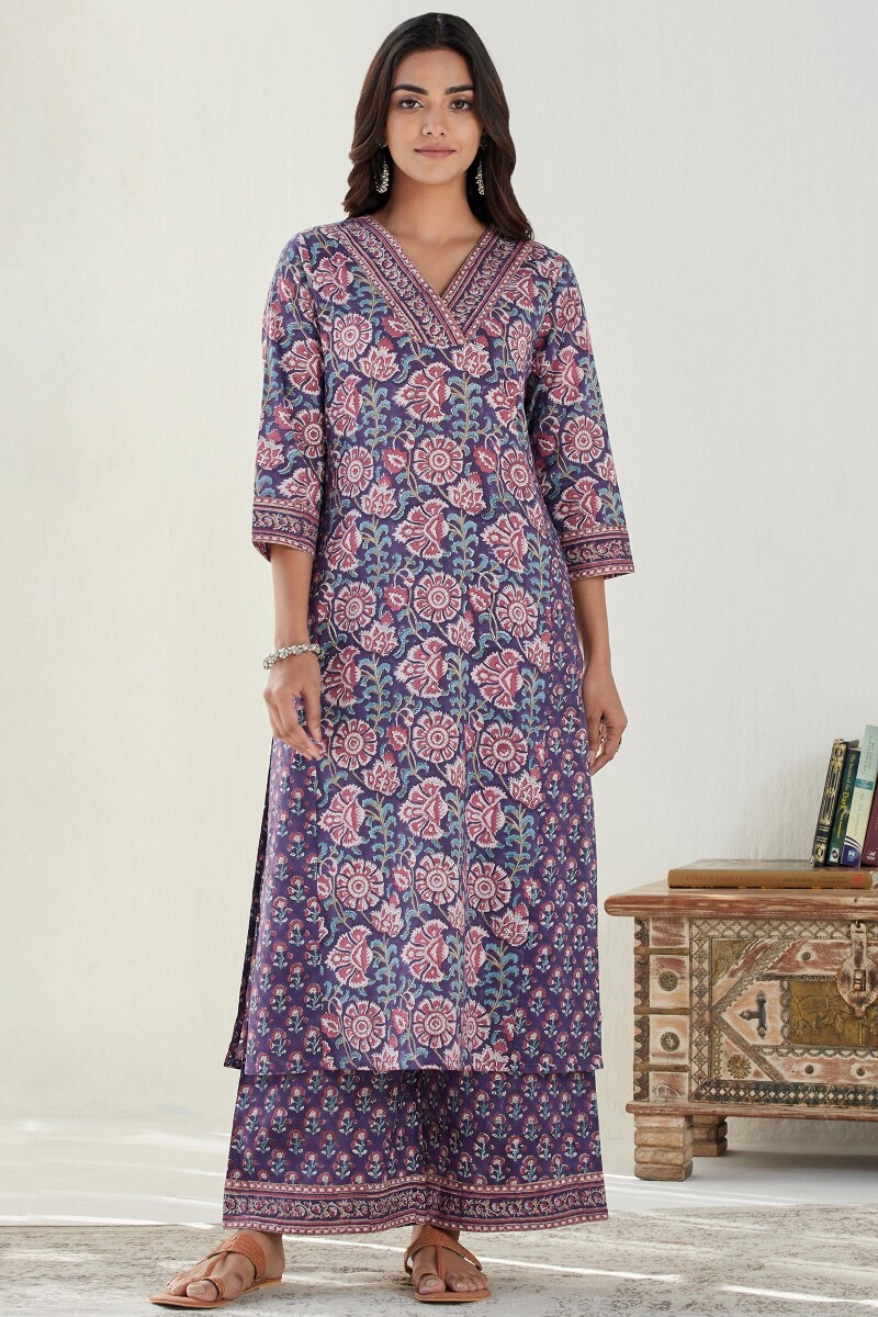 Purple Hand Block Printed Straight Cotton Kurta