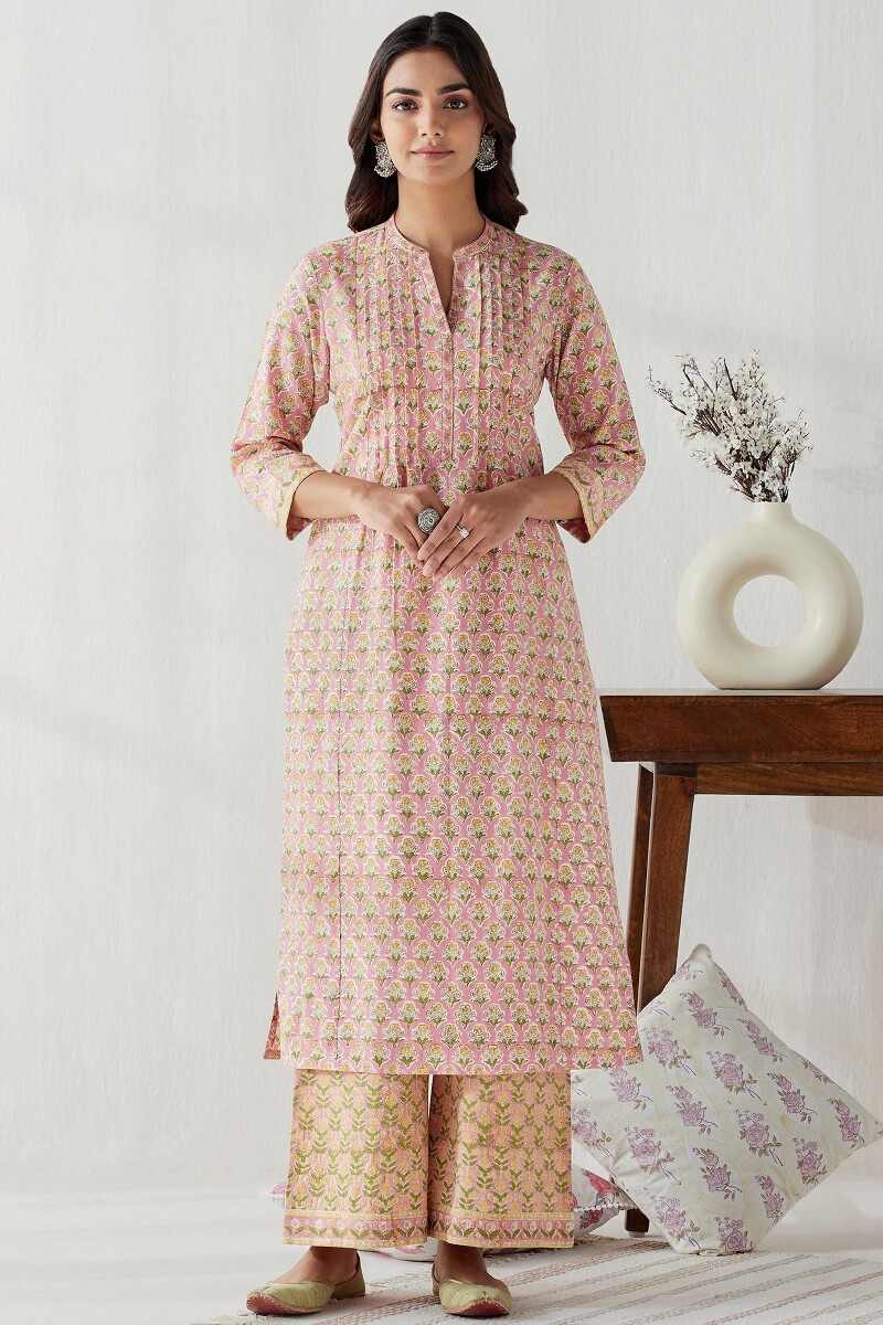 Pink Hand Block Printed Straight Cotton Flax Kurta