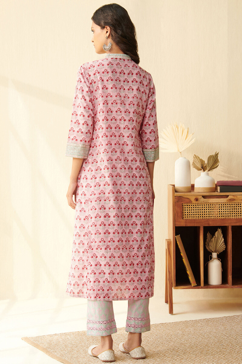 Pink Hand Block Printed Straight Cotton Kurta