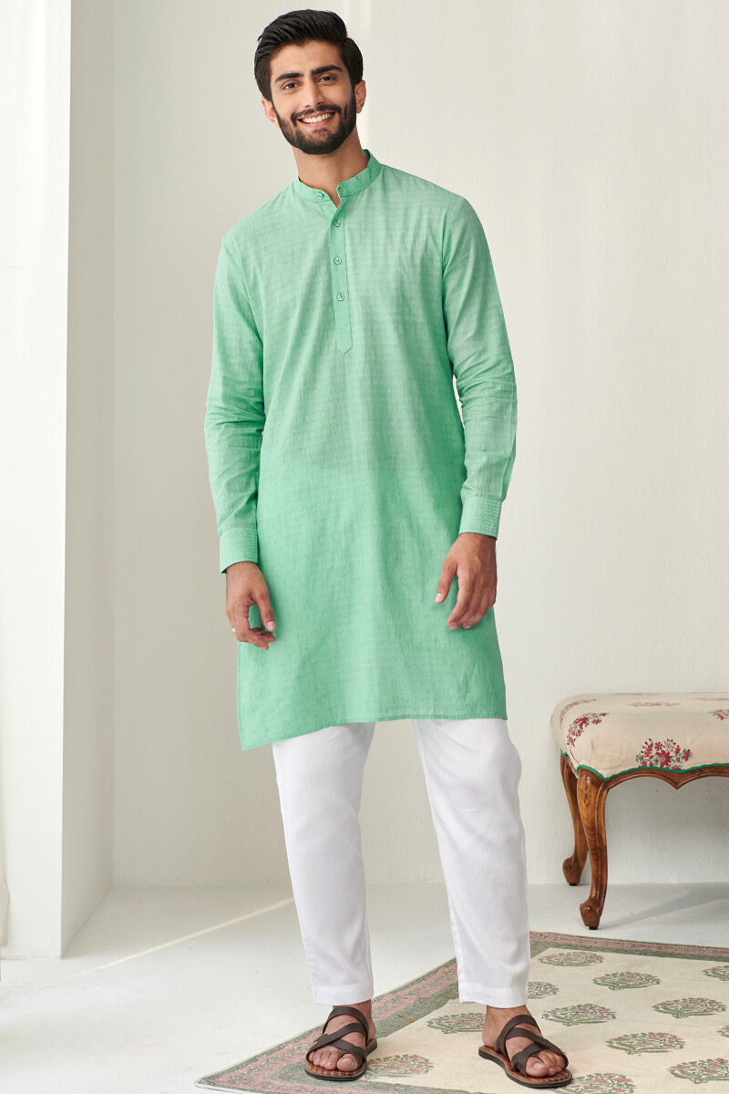 Green Handcrafted Cotton Dobby Kurta