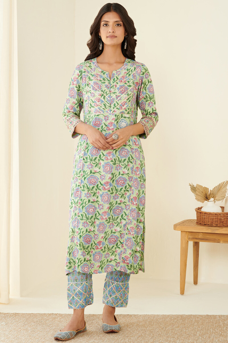 Green Block Printed Straight Cotton Kurta