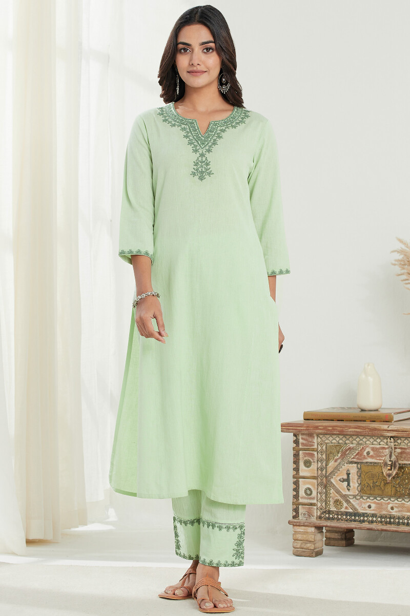Green Handcrafted Straight Cotton Flax Kurta