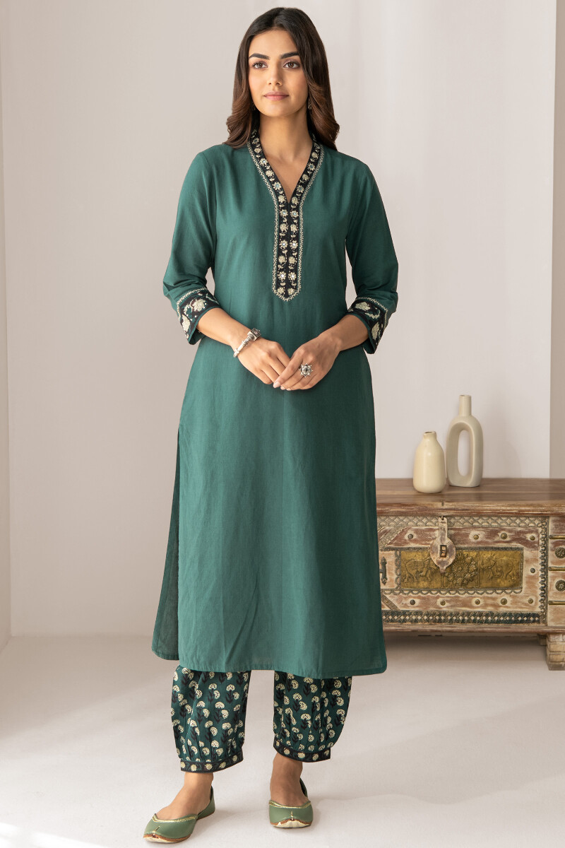 Teal Blue Hand Block Printed Straight Handloom Kurta