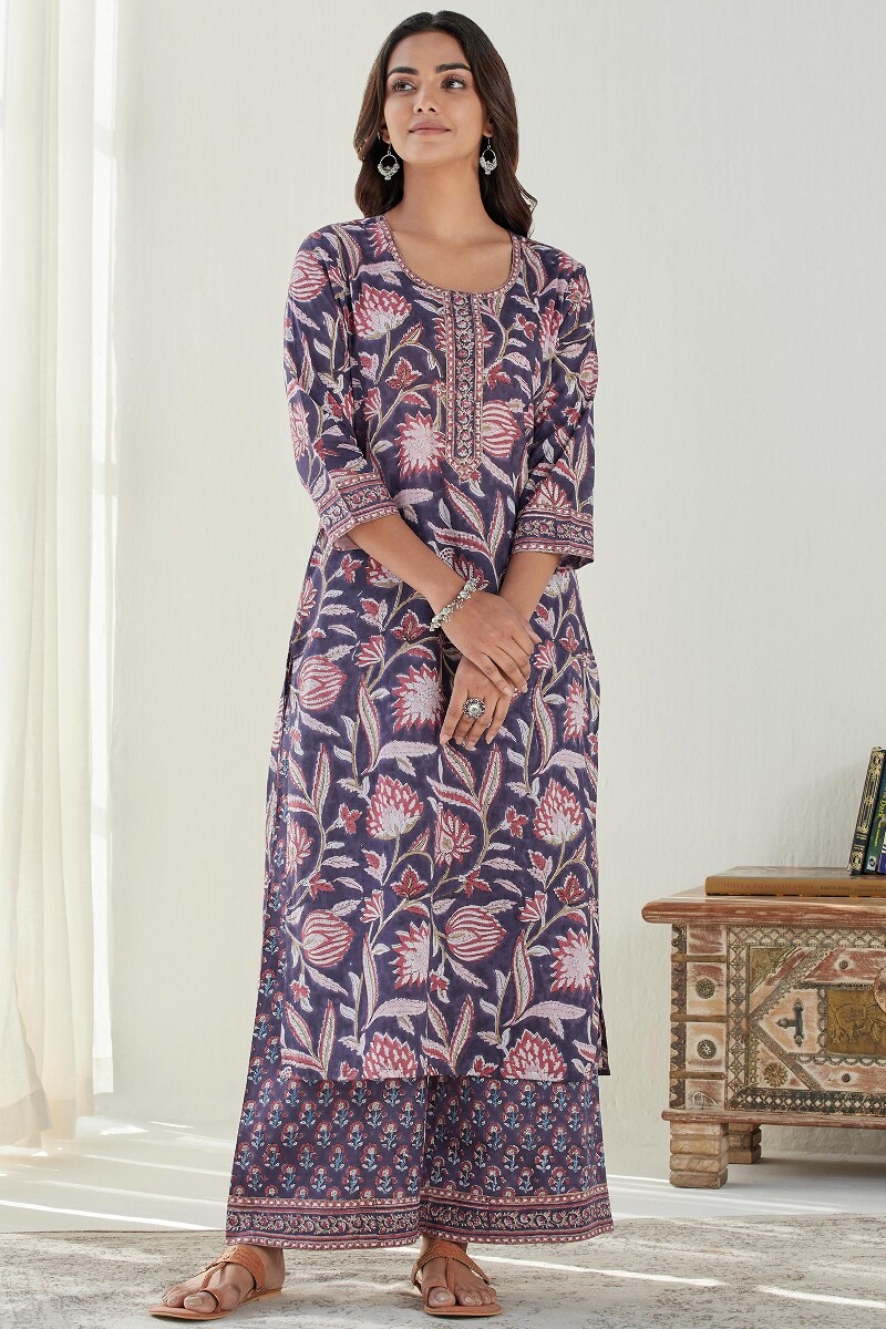 Purple Hand Block Printed Straight Cotton Mul Kurta