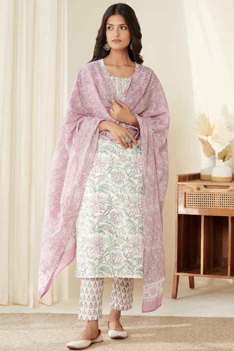 White Hand Block Printed Cotton Cigarette Pants