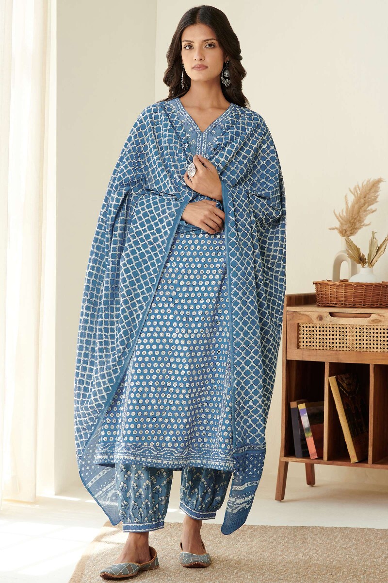 Indigo Hand Block Printed A-Line Cotton Kurta