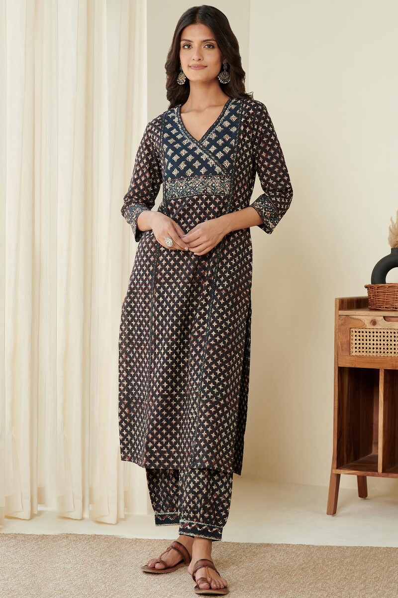 Bagru Hand Block-Printed Straight Cotton Slub Kurta