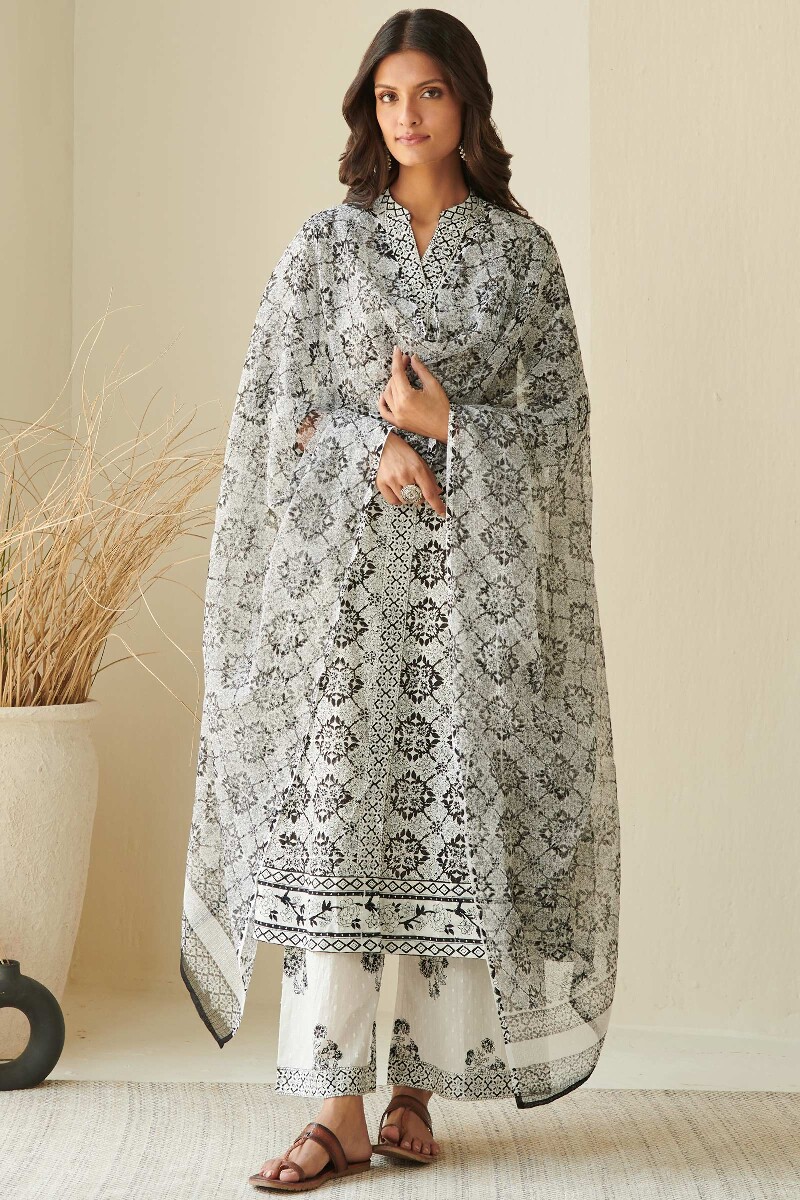 White Hand Block Printed Kota Dupatta