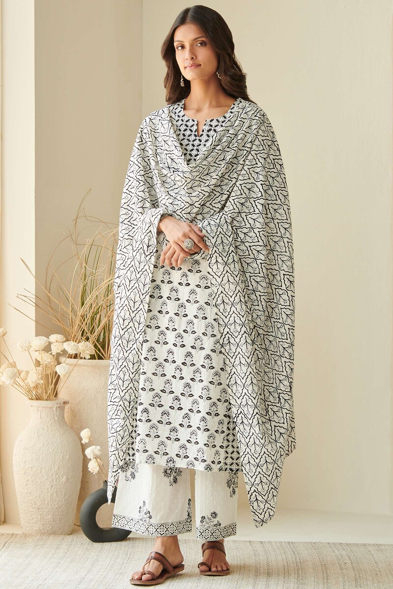 White Hand Block Printed Cotton Dupatta