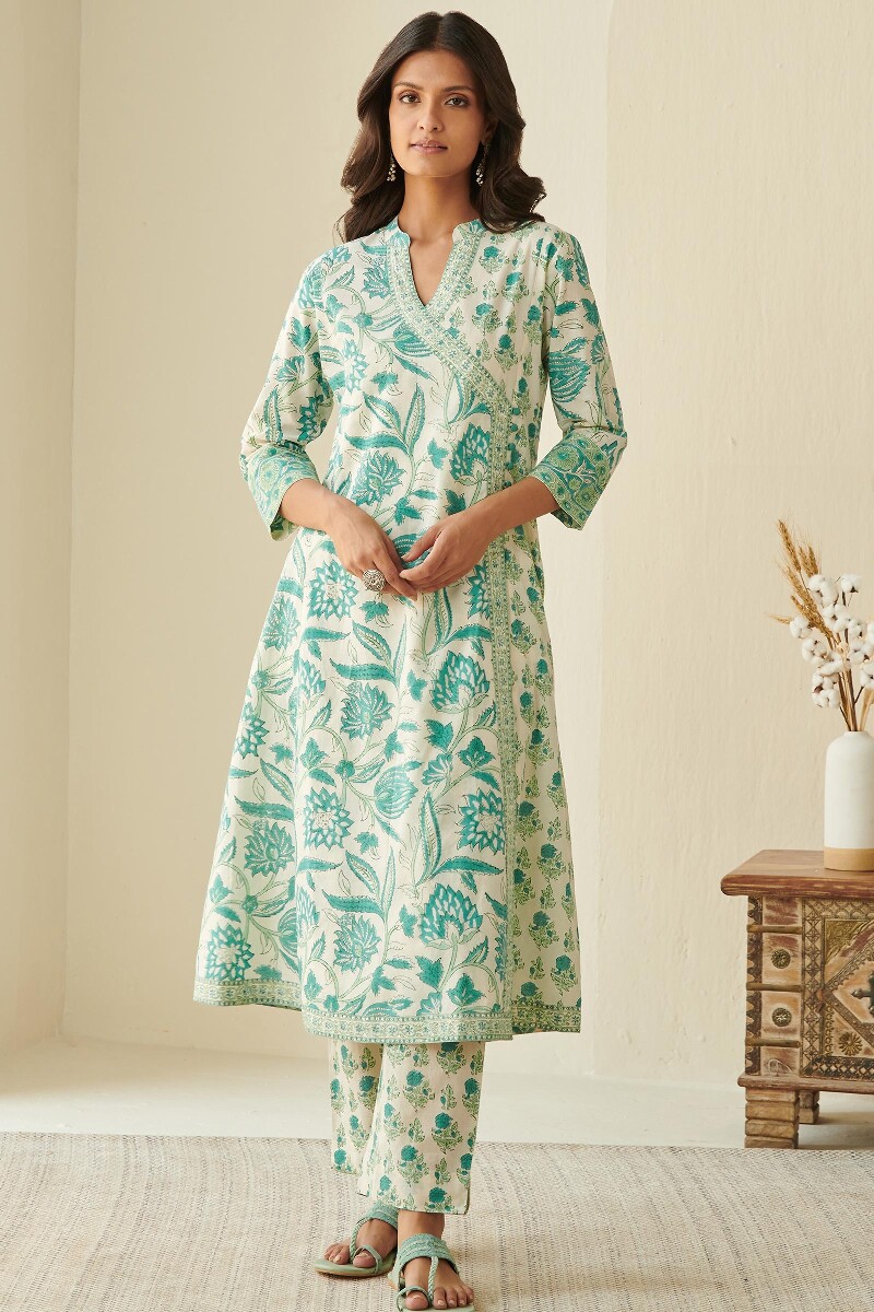 Turquoise Hand Block Printed A-Line Cotton Kurta