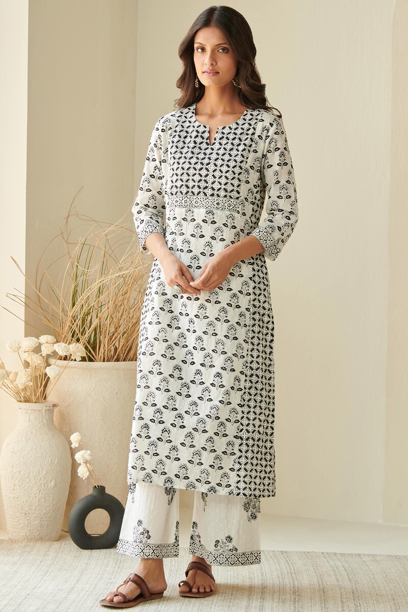 White Hand Block Printed Straight Cotton Kurta