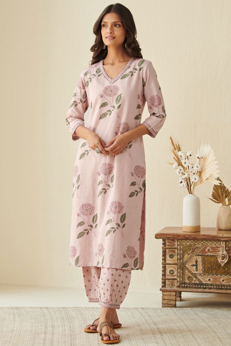 Pink Block Printed Straight Cotton Flax Kurta