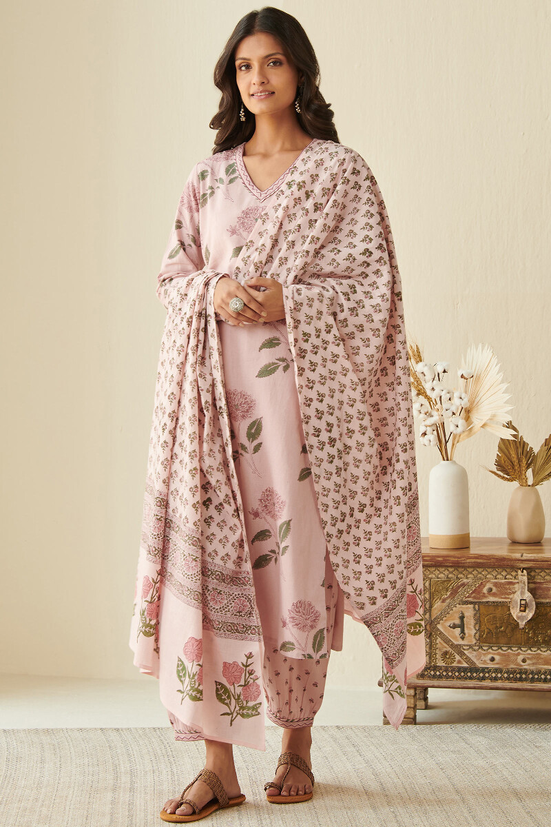 Pink Hand Block-Printed Cotton Izhaar Pants