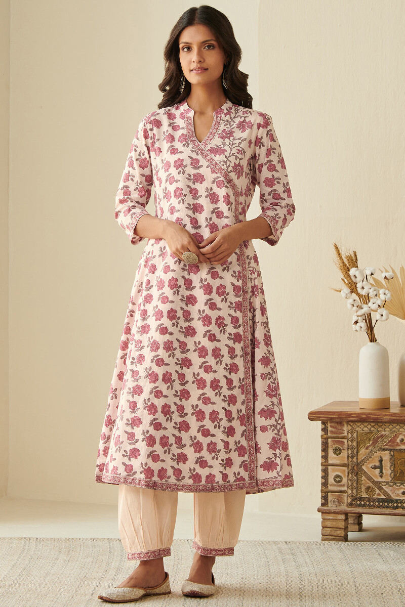 Pink Hand Block Printed Angrakha Cotton Kurta
