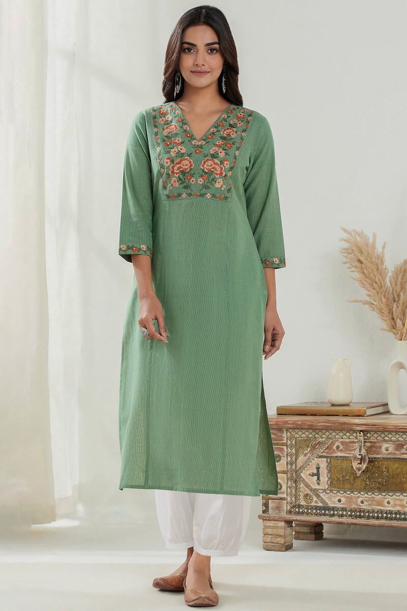 Green Handcrafted Straight Cotton Kurta