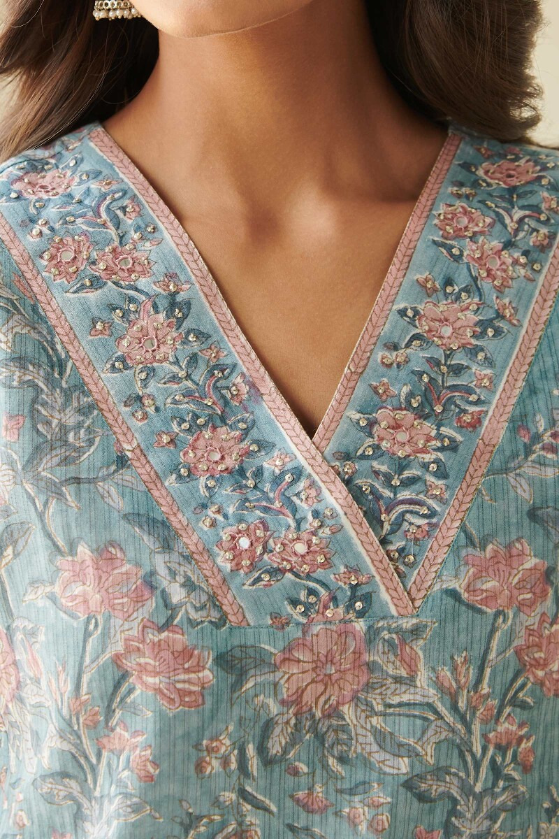 Blue Hand Block Printed A-Line Cotton Kurta