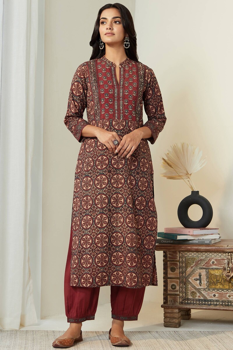 Red Hand Block-Printed Cotton Dobby Izhaar Pants