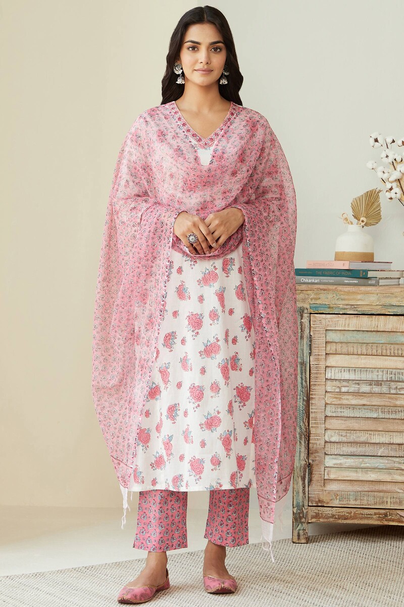 Pink Hand Block Printed Kota Dupatta
