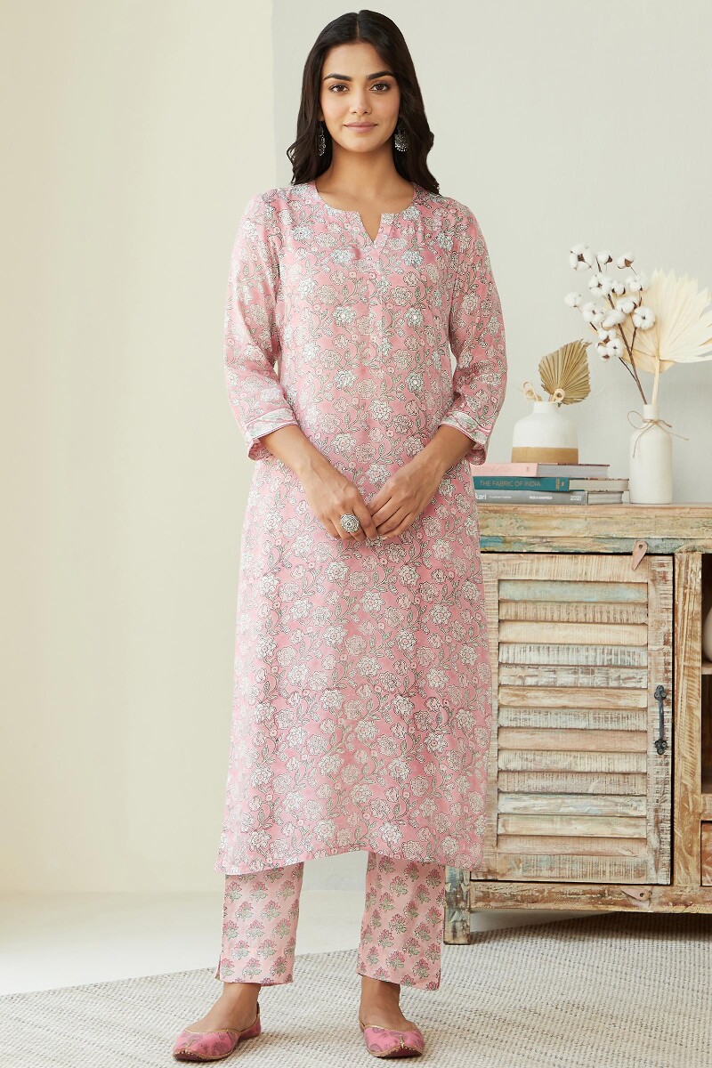 Pink Hand Block Printed Straight Modal Kurta