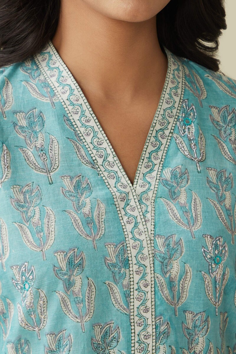 Blue Hand Block Printed Straight Cotton Kurta