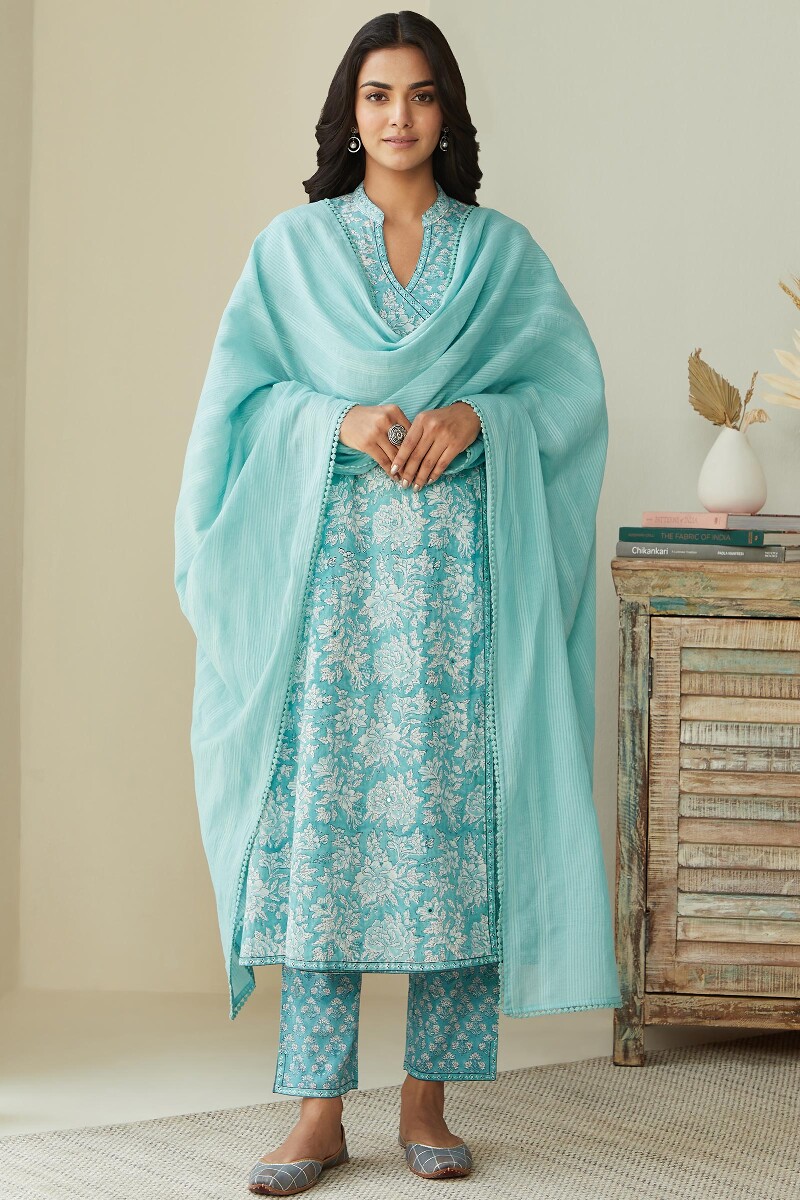 Blue Handcrafted Cotton Dobby Dupatta
