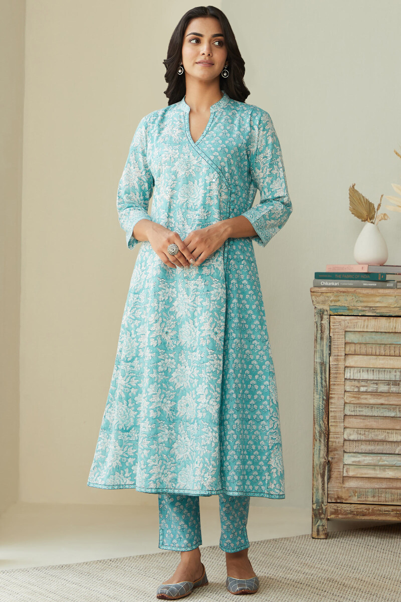 Blue Hand Block Printed A-Line Cotton Kurta