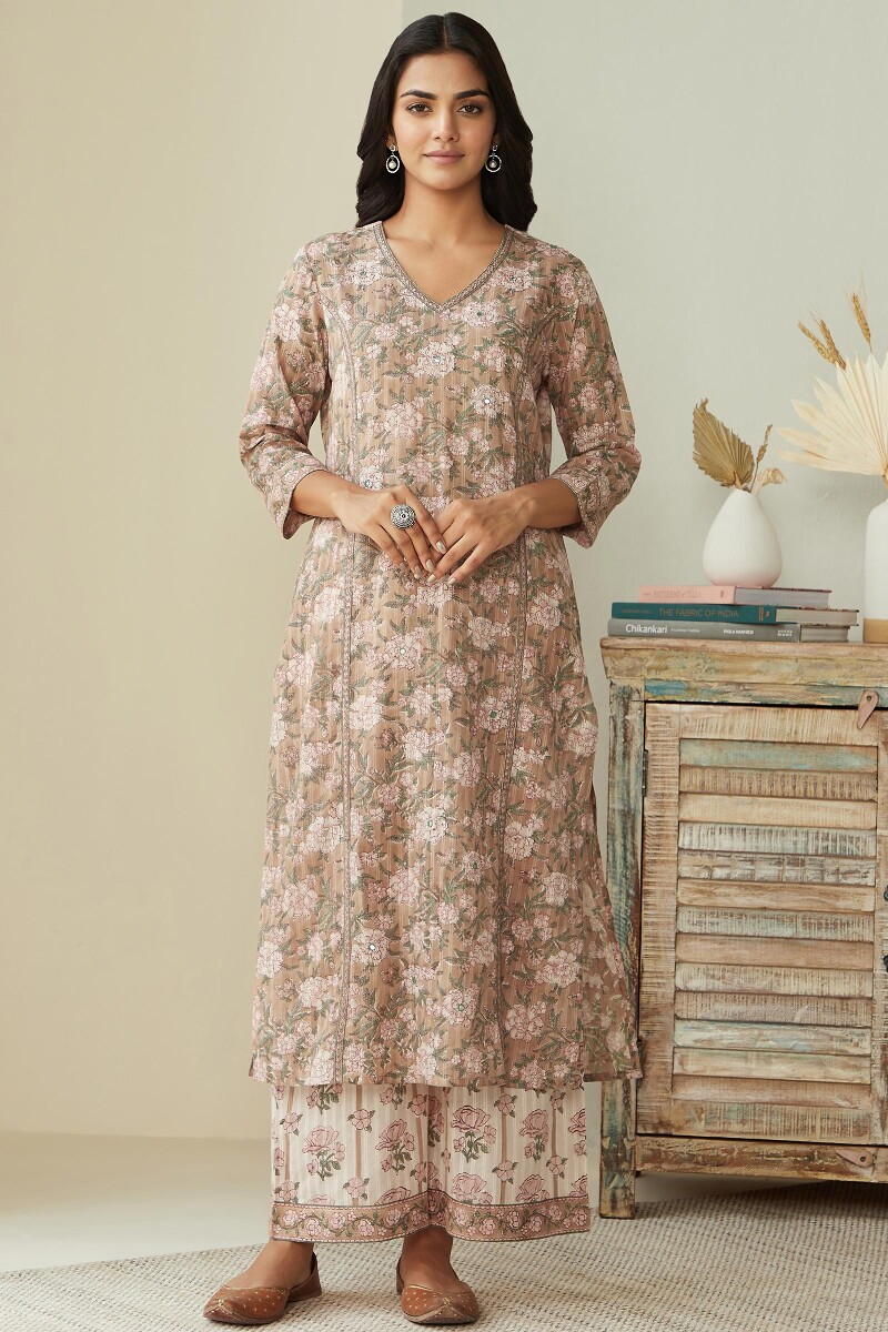 Brown Hand Block-Printed Straight Cotton Dobby Kurta