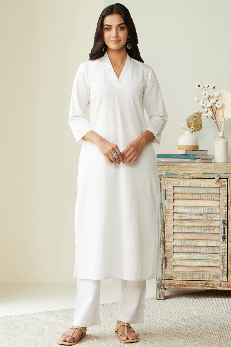White Handcrafted Straight Cotton Kurta