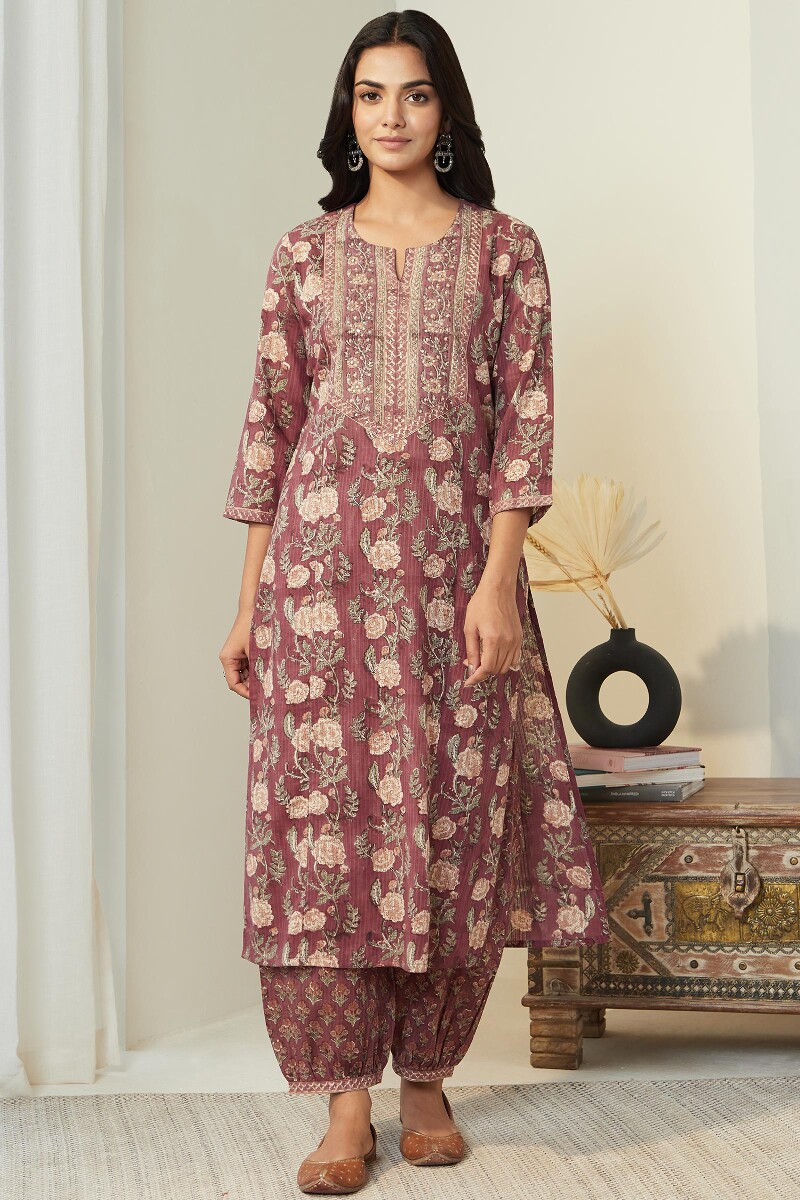 Maroon Hand Block Printed Straight Cotton Kurta