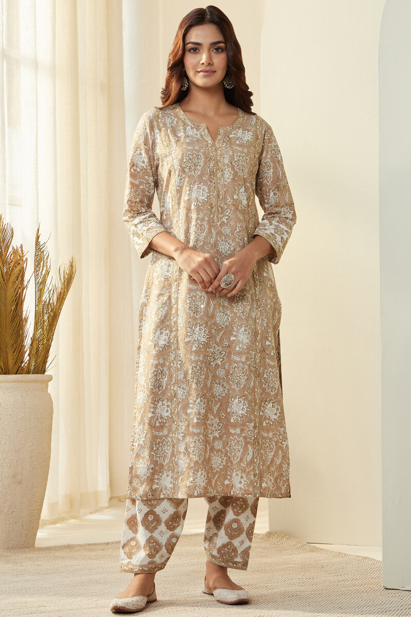 Brown Hand Block Printed Straight Cotton Kurta