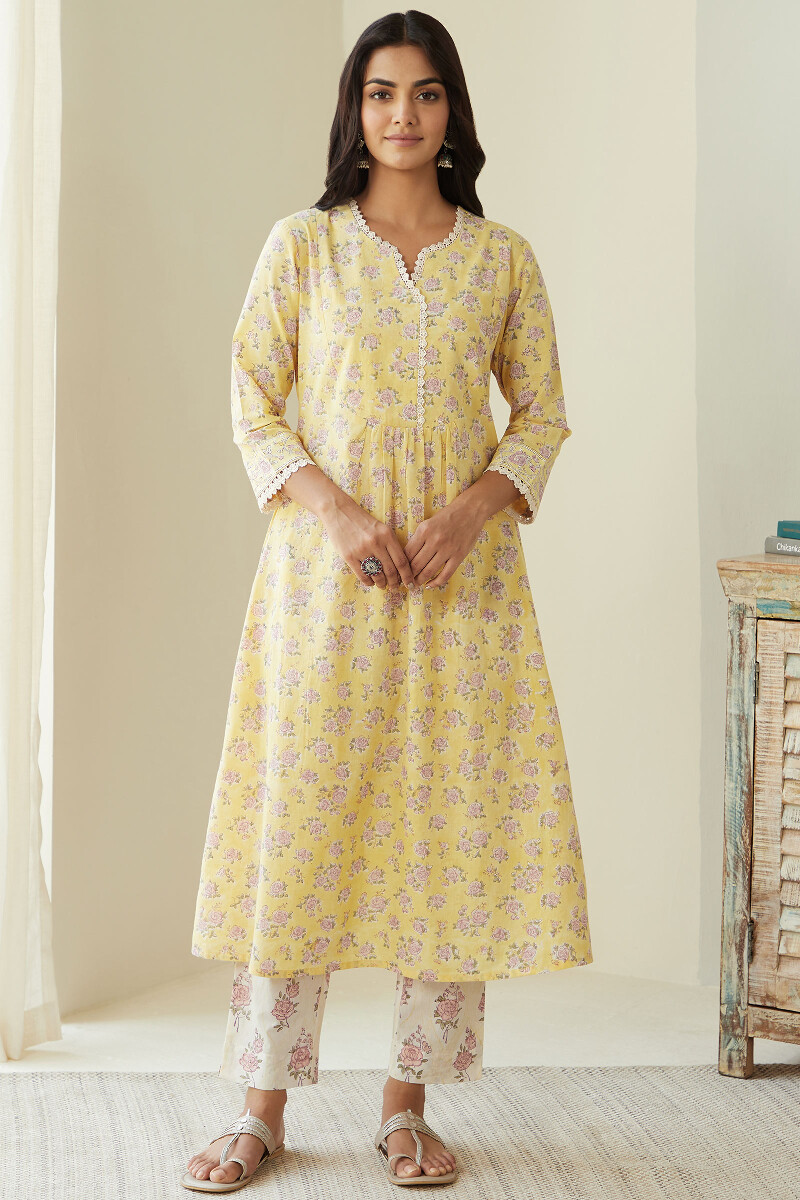 Buy Yellow Hand Block Printed A Line Cotton Kurta for Women FGMK23 377 Farida Gupta