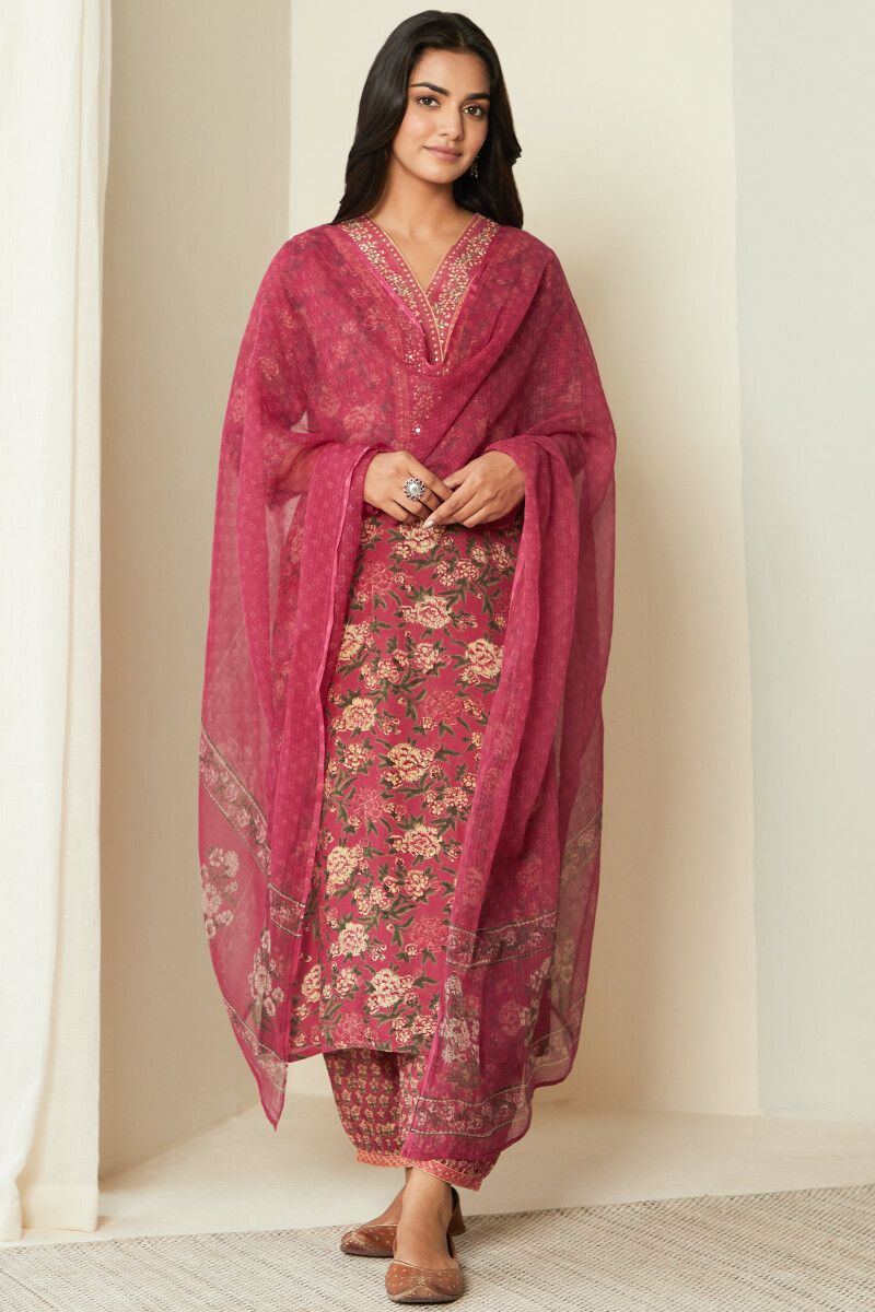 Raspberry Hand Block Printed Modal Izhaar Pants