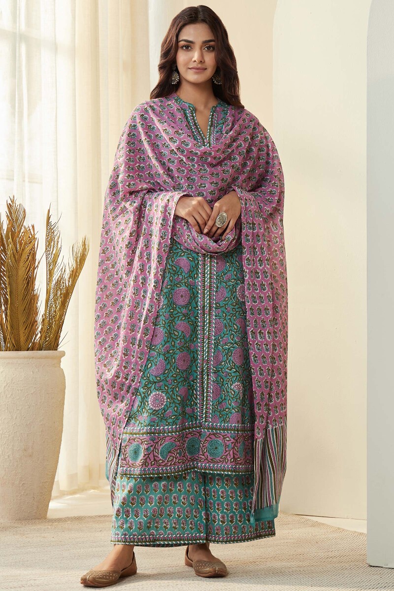 Turquoise Hand Block-Printed Cotton Farsi