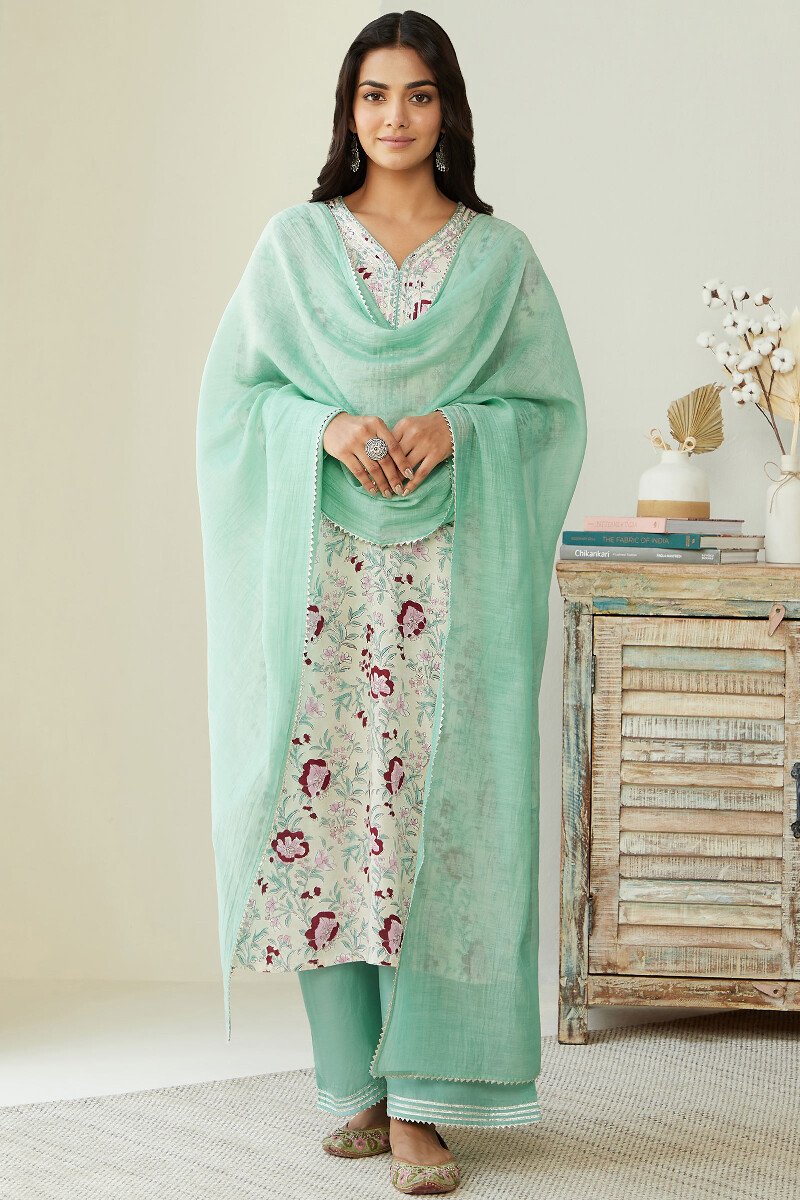 Turquoise Handcrafted Cotton Silk Dupatta