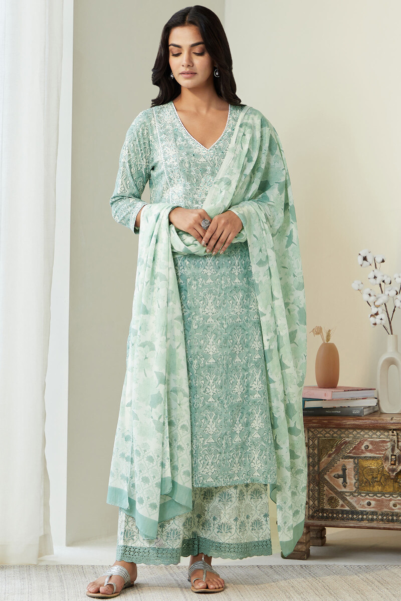 White Hand Block-Printed Cotton Dupatta