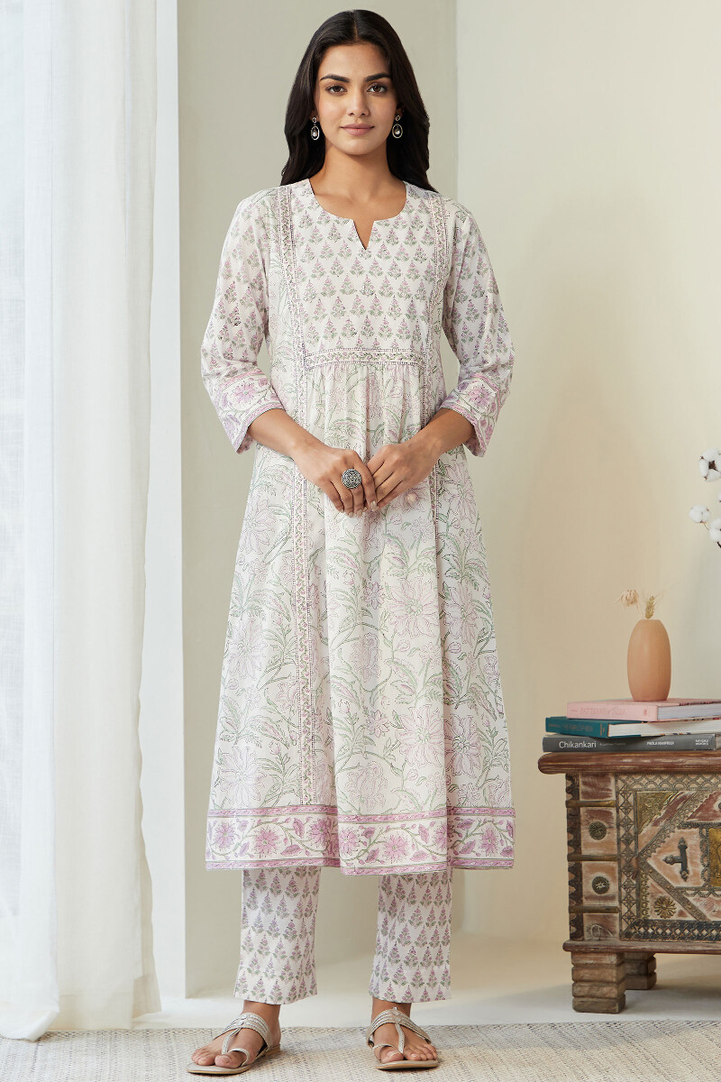 White Hand Block-Printed A-line Cotton Kurta