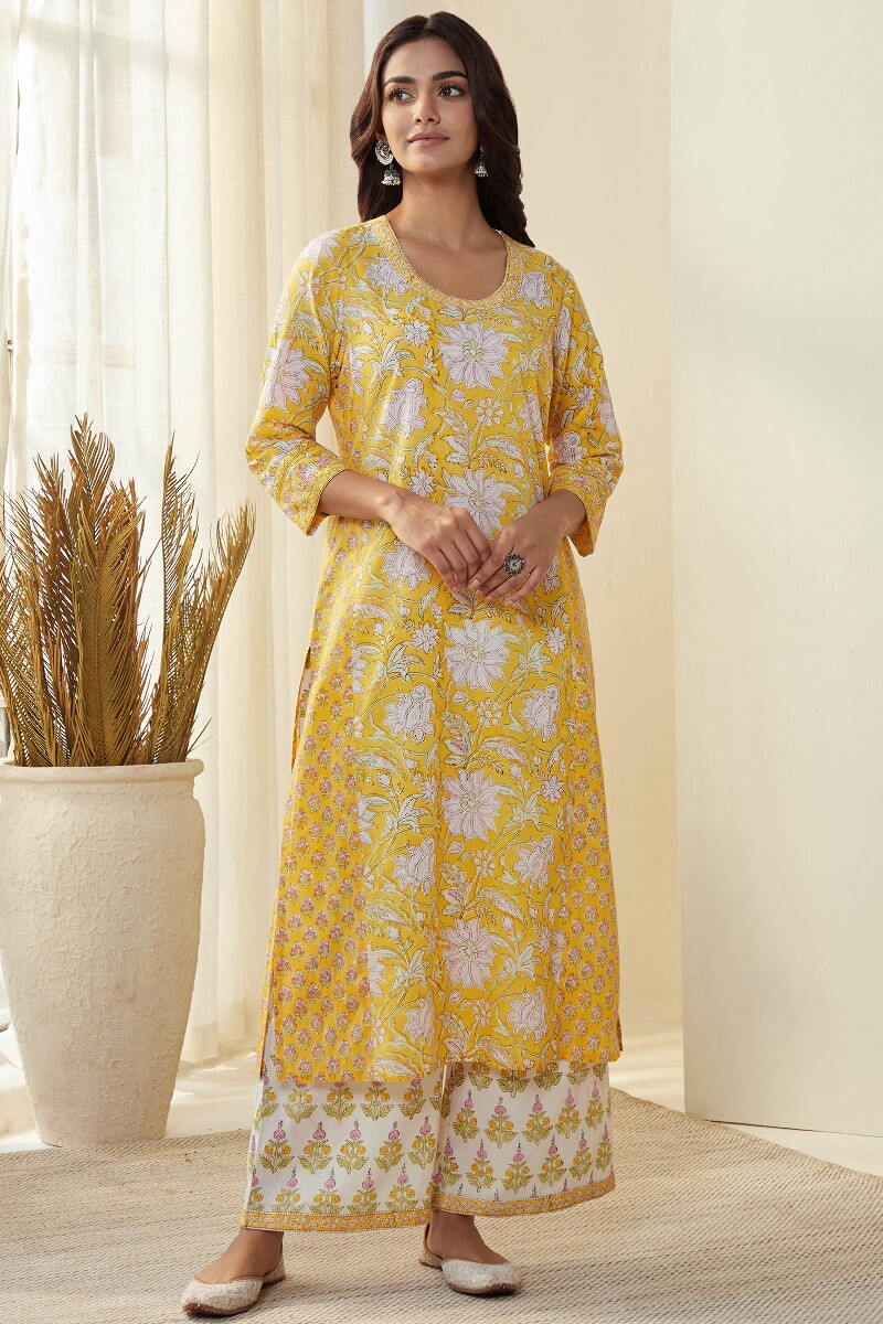 Yellow Hand Block-Printed Straight Cotton Kurta