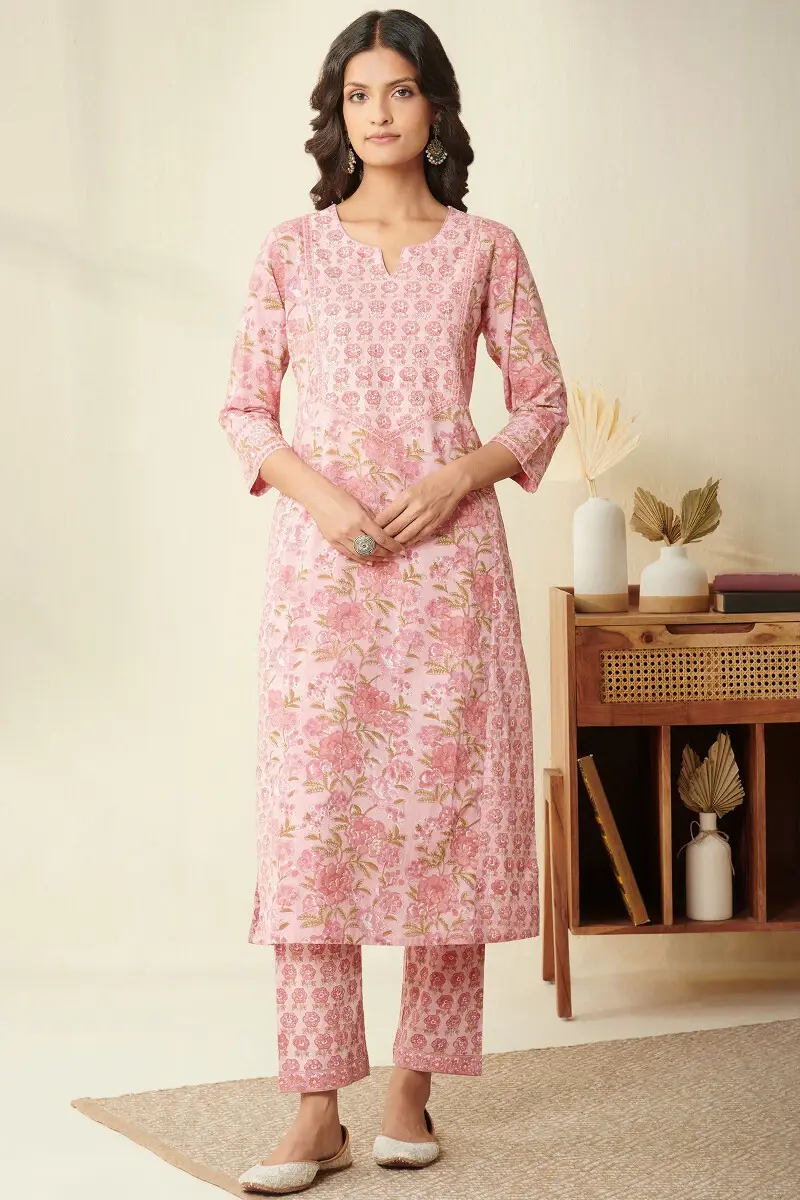 Pink Hand Block Printed Cotton Narrow Pants