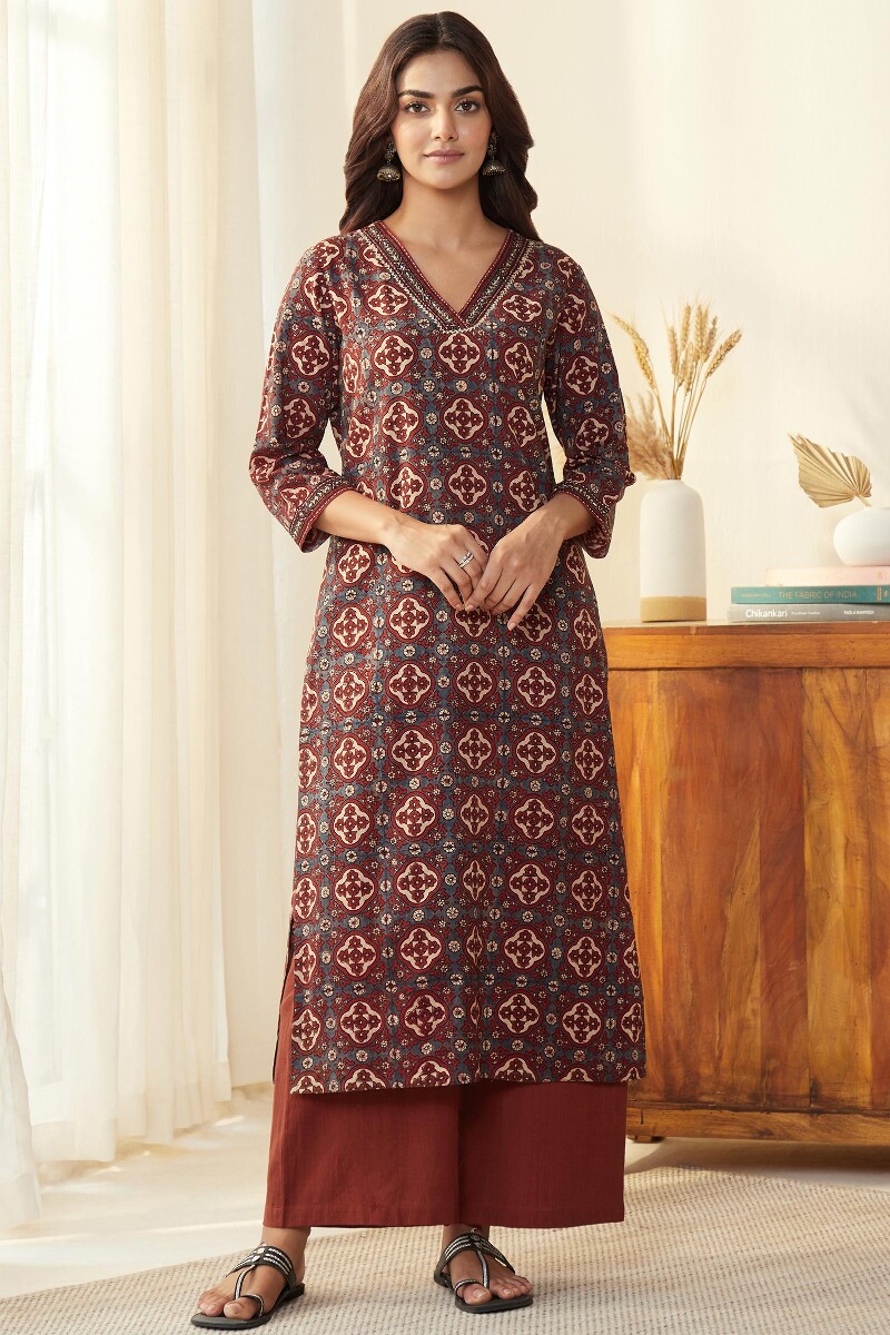 Red Handcrafted Cotton Flax Farsi