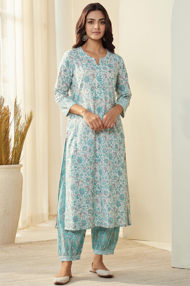 White Hand Block-Printed Straight Cotton Slub Kurta