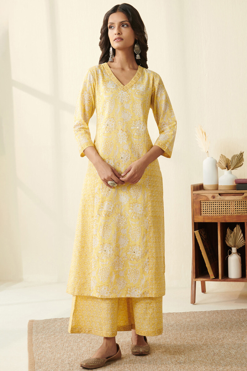 Yellow Hand Block Printed Straight Cotton Dobby Kurta