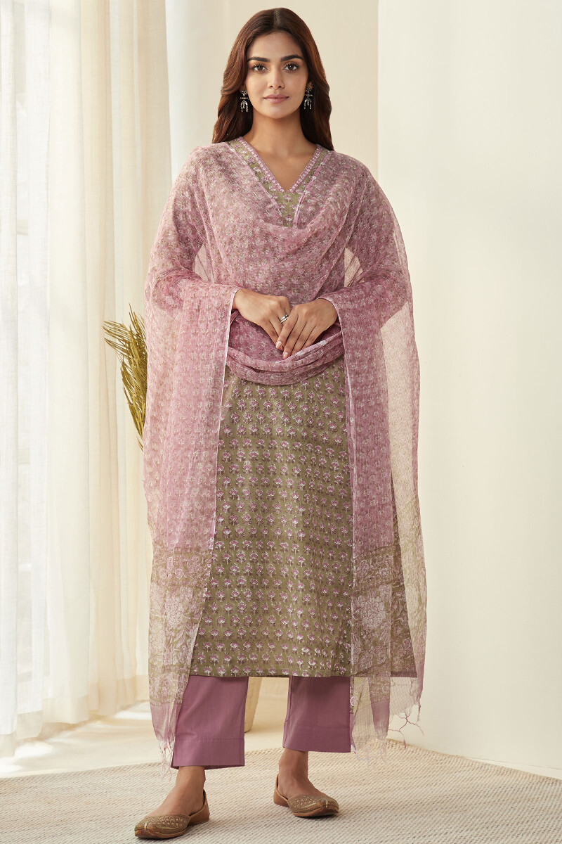 Olive Green Hand Block-Printed Straight Cotton Kurta